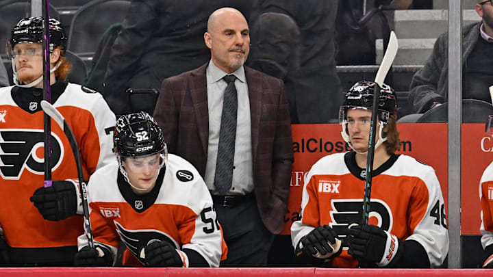 Jan 6, 2026; Philadelphia, Pennsylvania, USA; Philadelphia Flyers head coach Rick Tocchet behind the bench against the Anaheim Ducks at Xfinity Mobile Arena. Mandatory Credit: Eric Hartline-Imagn Images
