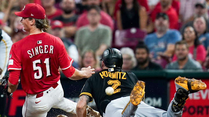 Cincinnati Reds pitcher Brady Singer (51) drops the ball on a tag out on Pittsburgh Pirates first baseman Spencer Horwitz (2) in the fifth inning of a MLB game between the Cincinnati Reds and Pittsburgh Pirates, Tuesday, Sept. 23, 2025, at Great American Ball Park in downtown Cincinnati. Cincinnati Reds pitcher Brady Singer (51) drops the ball on a tag out on Pittsburgh Pirates first baseman Spencer Horwitz (2) in the fifth inning of a MLB game between the Cincinnati Reds and Pittsburgh Pirates, Tuesday, Sept. 23, 2025, at Great American Ball Park in downtown Cincinnati.