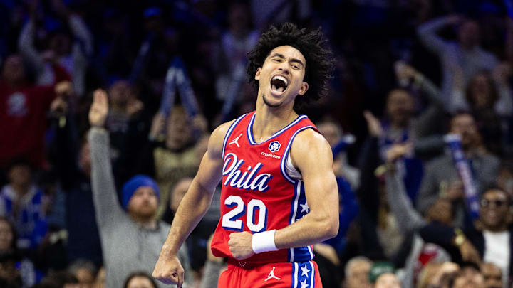 Nov 22, 2024; Philadelphia, Pennsylvania, USA; Philadelphia 76ers guard Jared McCain (20) reacts to his three pointer against the Brooklyn Nets during the fourth quarter at Wells Fargo Center. Mandatory Credit: Bill Streicher-Imagn Images Nov 22, 2024; Philadelphia, Pennsylvania, USA; Philadelphia 76ers guard Jared McCain (20) reacts to his three pointer against the Brooklyn Nets during the fourth quarter at Wells Fargo Center. Mandatory Credit: Bill Streicher-Imagn Images