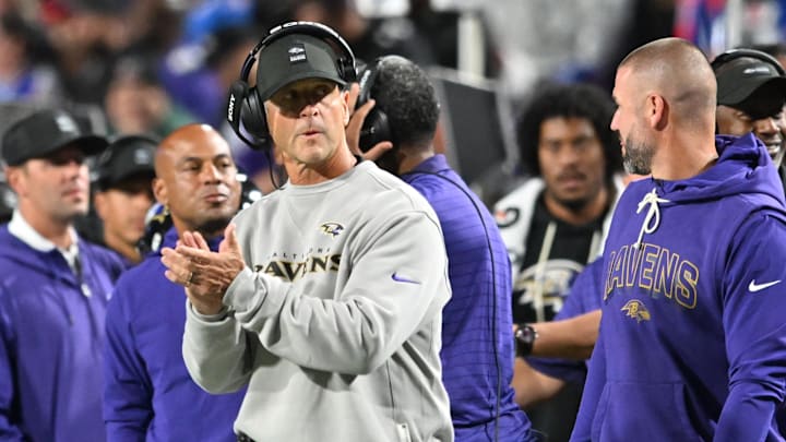 Sep 7, 2025; Orchard Park, New York, USA;  Baltimore Ravens head coach John Harbaugh looks on during the third quarter against the Buffalo Bills at Highmark Stadium. Mandatory Credit: Mark Konezny-Imagn Images