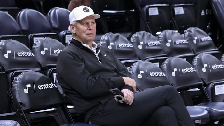 Apr 2, 2024; Salt Lake City, Utah, USA; Utah Jazz CEO Danny Ainge looks on before the game against the Cleveland Cavaliers at Delta Center. Mandatory Credit: Rob Gray-Imagn Images