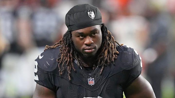 Nov 23, 2025; Paradise, Nevada, USA; Las Vegas Raiders running back Ashton Jeanty (2) walks off the field after the Cleveland Browns defeated the Raiders 24-10 at Allegiant Stadium. Mandatory Credit: Stephen R. Sylvanie-Imagn Images