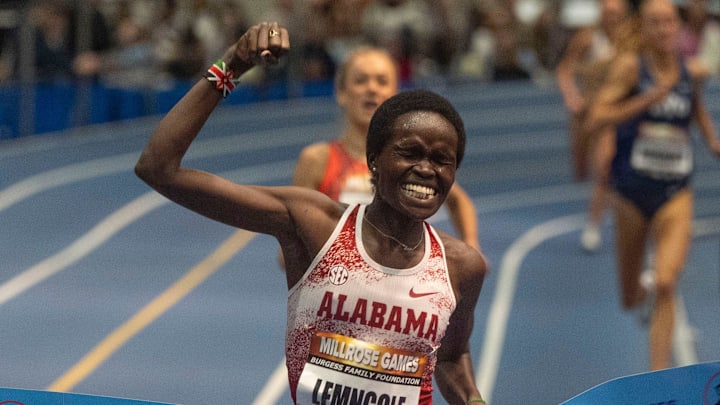 Doris Lemngole of Alabama won the women's 3000-meter race during the Millrose Games at the Nike Track and Field Center at the Armory in Manhattan Feb. 1, 2026.