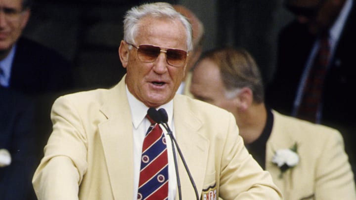 Miami Dolphins former head coach Don Shula gives a speech during his enshrinment into the Pro Football Hall of Fame at Fawcett Stadium in 1997.