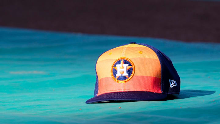 Apr 9, 2024; Kansas City, Missouri, USA; A general view of Houston Astros second base Jose Altuve (27) hat on the field during batting practice prior to a game against the Kansas City Royals at Kauffman Stadium. Mandatory Credit: Denny Medley-Imagn Images Apr 9, 2024; Kansas City, Missouri, USA; A general view of Houston Astros second base Jose Altuve (27) hat on the field during batting practice prior to a game against the Kansas City Royals at Kauffman Stadium. Mandatory Credit: Denny Medley-Imagn Images