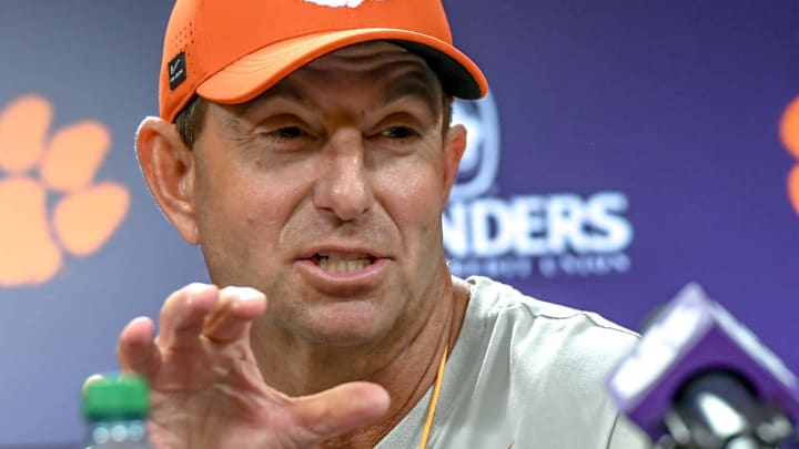 Clemson head coach Dabo Swinney during the first football practice at the Allen N. Reeves Football Complex at Clemson University in Clemson, S.C. Friday, February 28, 2025.