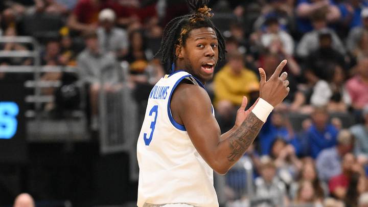 Mar 20, 2026; St. Louis, MO, USA; Kentucky Wildcats guard Kam Williams (3) reacts against the Santa Clara Broncos during the second half of a first round game of the men's 2026 NCAA Tournament at Enterprise Center. Mandatory Credit: Jeff Curry-Imagn Images
