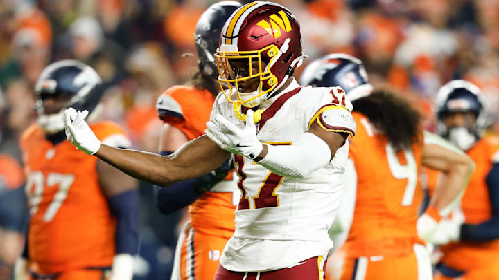 Nov 30, 2025; Landover, Maryland, USA; Washington Commanders wide receiver Terry McLaurin (17) reacts after a catch against the Denver Broncos in the second quarter of the game at Northwest Stadium. Mandatory Credit: Geoff Burke-Imagn Images Nov 30, 2025; Landover, Maryland, USA; Washington Commanders wide receiver Terry McLaurin (17) reacts after a catch against the Denver Broncos in the second quarter of the game at Northwest Stadium. Mandatory Credit: Geoff Burke-Imagn Images