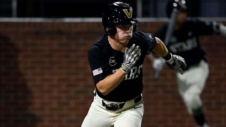 Vanderbilt’s Ryker Waite (51) runs to fist base during the third inning of an NCAA college baseball fall intrasquad game at Hawkins Field Tuesday, Oct. 22, 2024, in Nashville, Tenn.