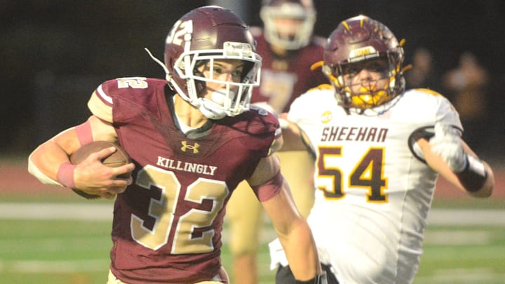 Killingly junior Hayden Allard turns the corner during Killingly's 32-26 win over Sheehan at Morgan Field.