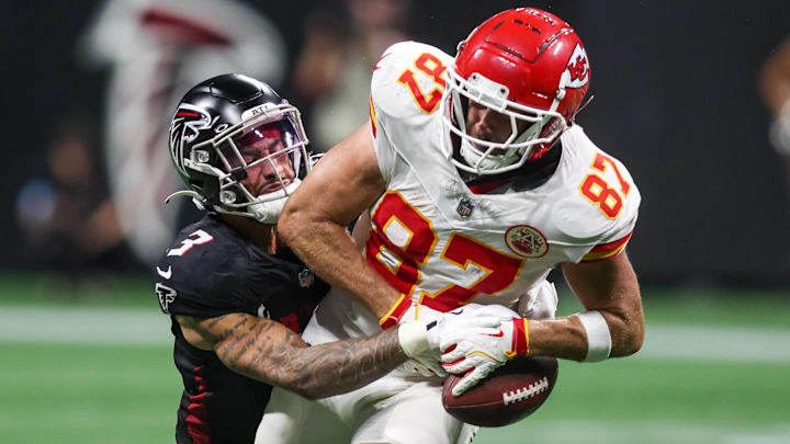Sep 22, 2024; Atlanta, Georgia, USA; Atlanta Falcons safety Jessie Bates III (3) breaks up a pass intended for Kansas City Chiefs tight end Travis Kelce (87) in the fourth quarter at Mercedes-Benz Stadium. Mandatory Credit: Brett Davis-Imagn Images