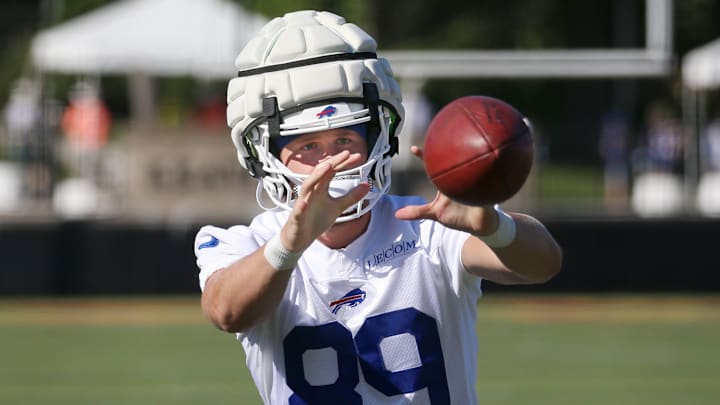 Bills wide receiver Stephen Gosnell eyes in the ball during drills during the opening day of Buffalo Bills training camp.
