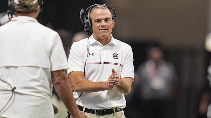 Aug 31, 2025; Atlanta, Georgia, USA; South Carolina Gamecocks head coach Shane Beamer on the sidelines against the Virginia Tech Hokies during the first half at Mercedes-Benz Stadium. Mandatory Credit: Dale Zanine-Imagn Images