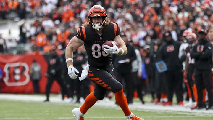 Jan 8, 2023; Cincinnati, Ohio, USA; Cincinnati Bengals tight end Hayden Hurst (88) runs with the