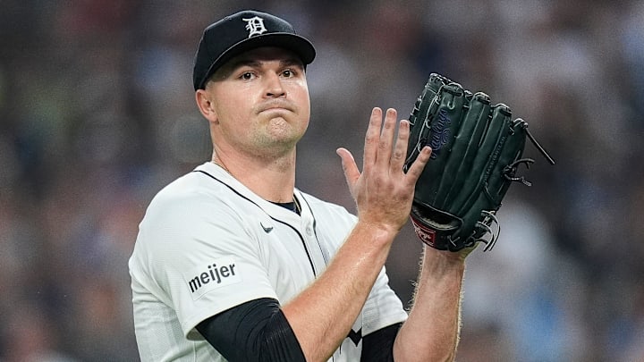 Detroit Tigers pitcher Skubal walks off the field after a pitching change at Comerica Park.