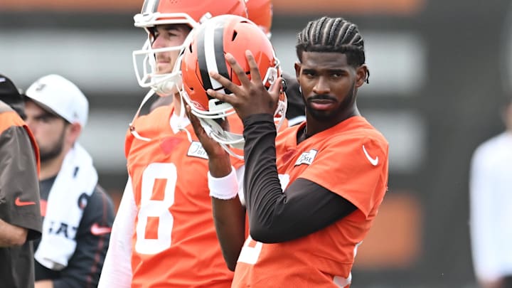 Jun 12, 2025; Berea, OH, USA; Cleveland Browns quarterback Shedeur Sanders (12) listens to a play call during mini camp at CrossCountry Mortgage Campus. Mandatory Credit: Ken Blaze-Imagn Images