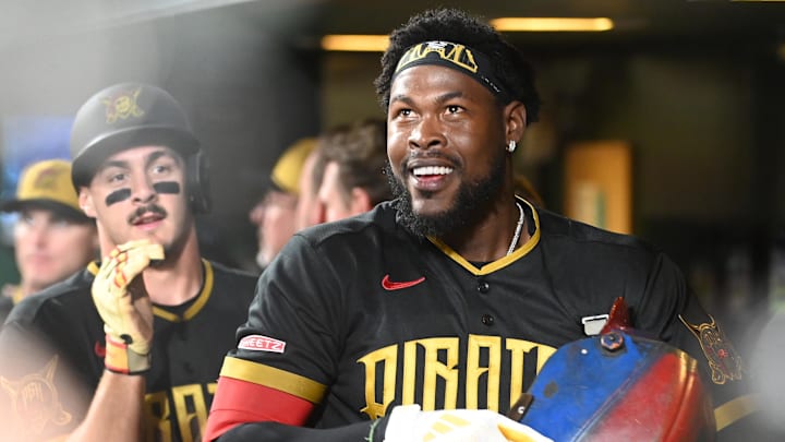 Apr 17, 2026; Pittsburgh, Pennsylvania, USA;  Pittsburgh Pirates center fielder Oneil Cruz (fronT) celebrates after hitting a two-run home run and scoring Konnor Griffin against the Tampa Bay Rays during the sixth inning at PNC Park. Mandatory Credit: Philip G. Pavely-Imagn Images