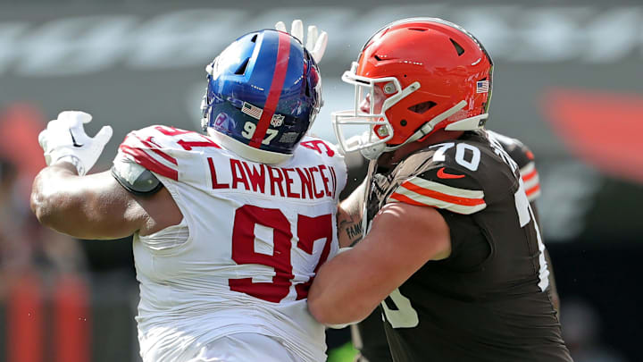 Cleveland Browns guard Zak Zinter (70) works against New York Giants defensive tackle Dexter Lawrence II (97) during the second half of an NFL football game at Huntington Bank Field, Sunday, Sept. 22, 2024, in Cleveland, Ohio. Cleveland Browns guard Zak Zinter (70) works against New York Giants defensive tackle Dexter Lawrence II (97) during the second half of an NFL football game at Huntington Bank Field, Sunday, Sept. 22, 2024, in Cleveland, Ohio.