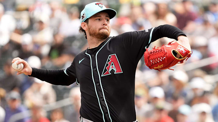 Arizona Diamondbacks starting pitcher Ryne Nelson throws to the Athletics in the first inning during a spring training game at Hohokam Stadium on March 12, 2025, in Mesa.