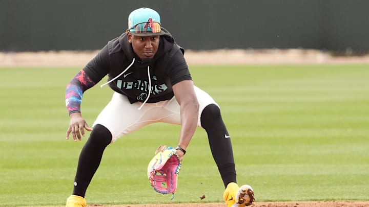 Arizona Diamondbacks shortstop Geraldo Perdomo (2) during spring training workouts at Salt River Fields on Feb. 16, 2026, in Scottsdale.