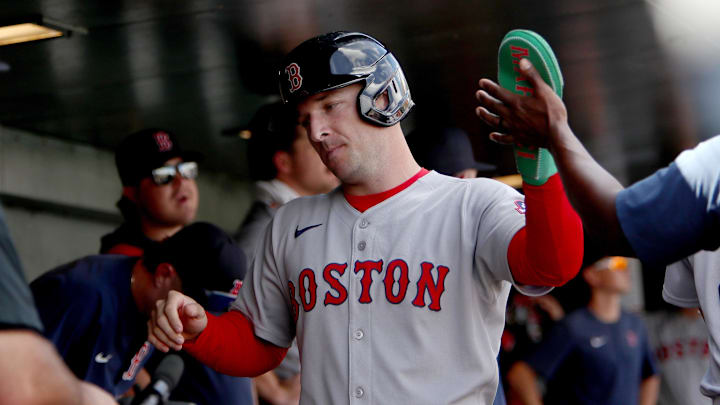 Sep 10, 2025; West Sacramento, California, USA; Boston Red Sox third baseman Alex Bregman (2) is congratulated by teammates after scoring a run against the Athletics during the third inning at Sutter Health Park. Mandatory Credit: Dennis Lee-Imagn Images Sep 10, 2025; West Sacramento, California, USA; Boston Red Sox third baseman Alex Bregman (2) is congratulated by teammates after scoring a run against the Athletics during the third inning at Sutter Health Park. Mandatory Credit: Dennis Lee-Imagn Images