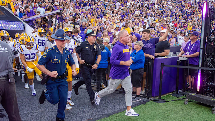 Head Coach Brian Kelly takes the field as the LSU Tigers take on the Nicholls Colonels at Tiger Stadium in Baton Rouge, LA. Saturday, Sept. 7, 2024. Head Coach Brian Kelly takes the field as the LSU Tigers take on the Nicholls Colonels at Tiger Stadium in Baton Rouge, LA. Saturday, Sept. 7, 2024.