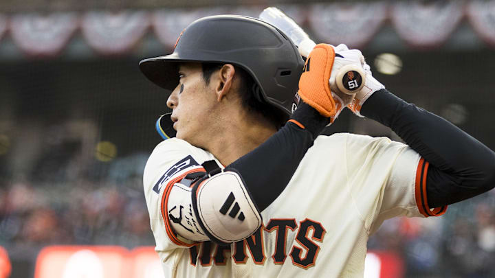 Apr 7, 2025; San Francisco, California, USA; San Francisco Giants center fielder Jung Hoo Lee (51) on deck before batting against the Cincinnati Reds during the first inning at Oracle Park. Apr 7, 2025; San Francisco, California, USA; San Francisco Giants center fielder Jung Hoo Lee (51) on deck before batting against the Cincinnati Reds during the first inning at Oracle Park.