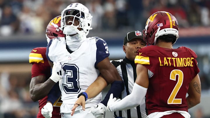 Dallas Cowboys wide receiver George Pickens celebrates after a play against the Washington Commanders.