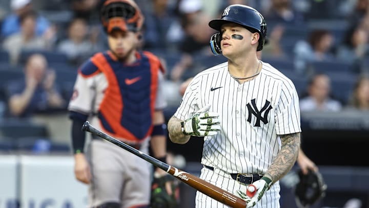 May 7, 2024; Bronx, New York, USA;  New York Yankees left fielder Alex Verdugo (24) tosses his bat after hitting a three run home run in the first inning against the Houston Astros at Yankee Stadium. Mandatory Credit: Wendell Cruz-Imagn Images