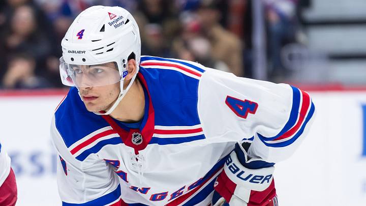 Mar 8, 2025; Ottawa, Ontario, CAN;  New York Rangers defenseman Braden Schneider (4) gets in position for a faceoff in the first period against the Ottawa Senators at the Canadian Tire Centre. Mandatory Credit: Marc DesRosiers-Imagn Images