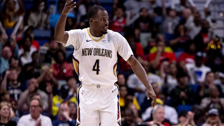 Nov 1, 2024; New Orleans, Louisiana, USA;  New Orleans Pelicans guard Javonte Green (4) reacts to making a three point basket against the Indiana Pacers during the first half at Smoothie King Center. Mandatory Credit: Stephen Lew-Imagn Images