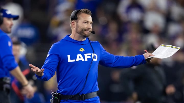 Jan 13, 2025; Glendale, AZ, USA; Los Angeles Rams head coach Sean McVay reacts against the Minnesota Vikings during an NFC wild card game at State Farm Stadium. Mandatory Credit: Mark J. Rebilas-Imagn Images