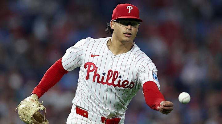 Sep 24, 2025; Philadelphia, Pennsylvania, USA; Philadelphia Phillies pitcher Jesús Luzardo (44) field the ball for an out against the Miami Marlins during the second inning at Citizens Bank Park.