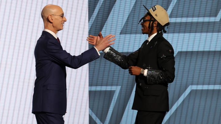 Jun 26, 2024; Brooklyn, NY, USA; Rob Dillingham shakes hands with NBA commissioner Adam Silver after being selected in the first round by the San Antonio Spurs in the 2024 NBA Draft at Barclays Center. Mandatory Credit: Brad Penner-USA TODAY Sports Jun 26, 2024; Brooklyn, NY, USA; Rob Dillingham shakes hands with NBA commissioner Adam Silver after being selected in the first round by the San Antonio Spurs in the 2024 NBA Draft at Barclays Center. Mandatory Credit: Brad Penner-USA TODAY Sports