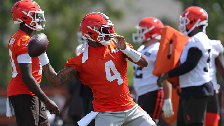 Browns quarterback Deshaun Watson throws during minicamp, Tuesday, June 11, 2024, in Berea.