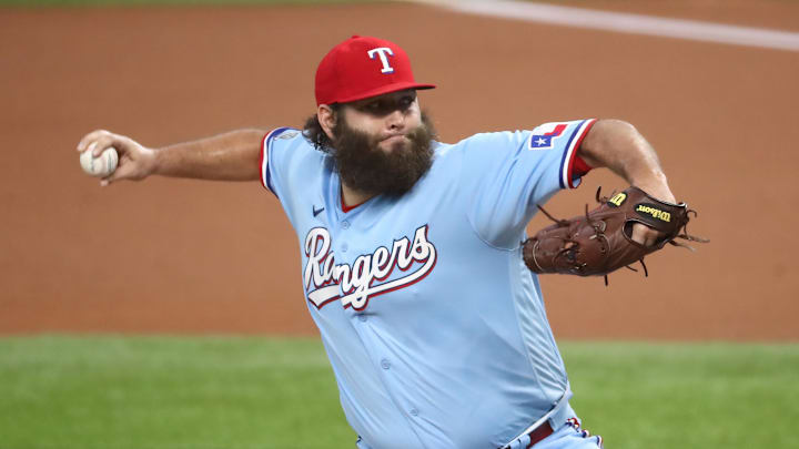 Sep 13, 2020; Arlington, Texas, USA;  Texas Rangers starting pitcher Lance Lynn (35) throws during the first inning against the Oakland Athletics at Globe Life Field.