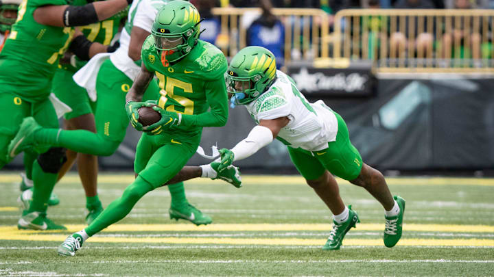 Oregon Green Team wide receiver Tez Johnson carries the ball during the Oregon Ducks’ Spring Game Saturday, April 27. 2024 at Autzen Stadium in Eugene, Ore.
