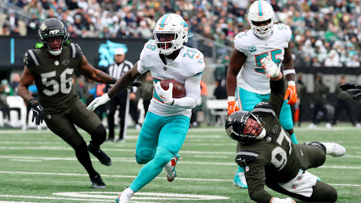 Achane left Sunday's game with a ribs injury. Achane left Sunday's game with a ribs injury.