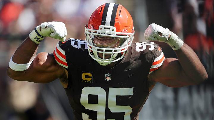 Cleveland Browns defensive end Myles Garrett (95) celebrates as he begins his chase for the NFL sack record after sacking Cincinnati Bengals quarterback Joe Burrow (9) during the second half of an NFL football game at Huntington Bank Field, Sept. 7, 2025, in Cleveland, Ohio. Cleveland Browns defensive end Myles Garrett (95) celebrates as he begins his chase for the NFL sack record after sacking Cincinnati Bengals quarterback Joe Burrow (9) during the second half of an NFL football game at Huntington Bank Field, Sept. 7, 2025, in Cleveland, Ohio.