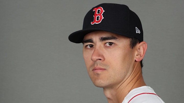 Feb 17, 2026; Lee County, FL, USA; Boston Red Sox pitcher Noah Song (65) poses for a photo during media day at JetBlue Park. Mandatory Credit: Kim Klement Neitzel-Imagn Images
