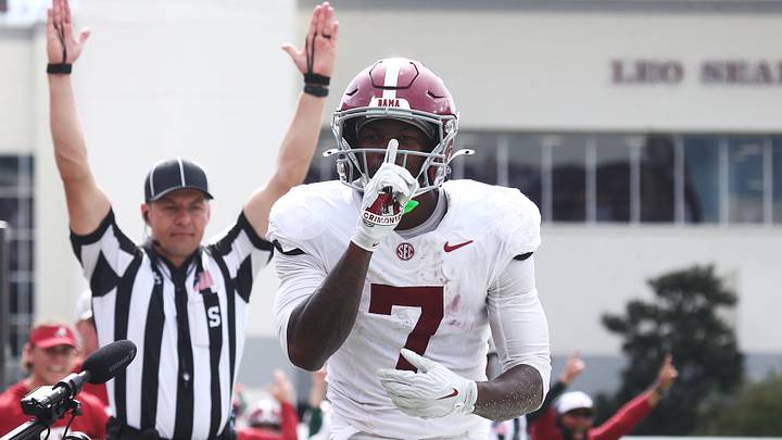 Oct 3, 2026; Starkville, Mississippi, USA;  Alabama Crimson Tide wide receiver Rico Scott (7) celebrates after scoring a touchdown against the Mississippi State Bulldogs during the second half at Davis Wade Stadium at Scott Field.  Mandatory Credit: Petre Thomas-Imagn Images