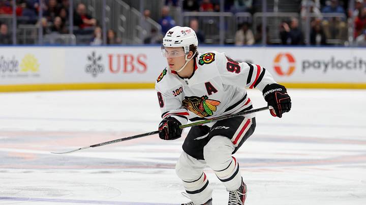 Mar 24, 2026; Elmont, New York, USA; Chicago Blackhawks center Connor Bedard (98) skates against the New York Islanders during the second period at UBS Arena. Mandatory Credit: Brad Penner-Imagn Images