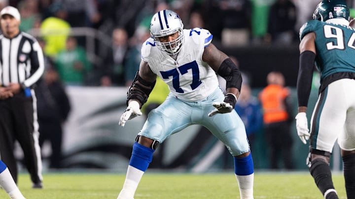 Nov 5, 2023; Philadelphia, Pennsylvania, USA; Dallas Cowboys offensive tackle Tyron Smith (77)