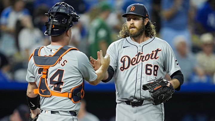 Sep 17, 2024; Kansas City, Missouri, USA; Detroit Tigers relief pitcher Jason Foley (68) celebrates with catcher Jake Rogers (34) after defeating the Kansas City Royals at Kauffman Stadium. Mandatory Credit: Jay Biggerstaff-Imagn Images