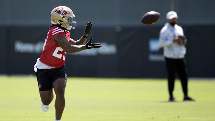 Jun 11, 2025; Santa Clara, CA, USA; San Francisco 49ers running back Jordan James (29) catches a pass during a team OTA at Levi's Stadium. Mandatory Credit: D. Ross Cameron-Imagn Images