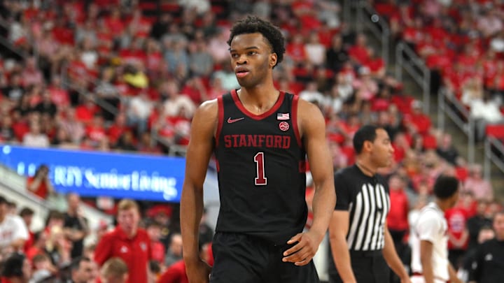 Mar 7, 2026; Raleigh, North Carolina, USA;  Stanford Cardinal guard Ebuka Okorie (1) reacts after scoring against the NC State Wolfpack during the first half at Lenovo Center. Mandatory Credit: Zachary Taft-Imagn Images