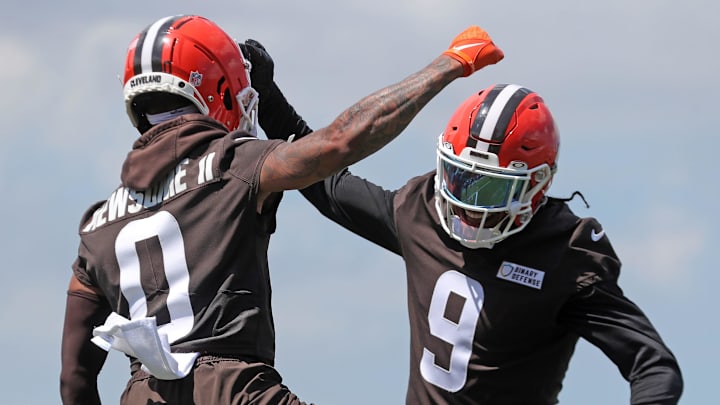 Browns defensive backs Greg Newsome II (0) and Grant Delpit celebrate a pass breakup during minicamp, Thursday, June 13, 2024, in Berea. Browns defensive backs Greg Newsome II (0) and Grant Delpit celebrate a pass breakup during minicamp, Thursday, June 13, 2024, in Berea.