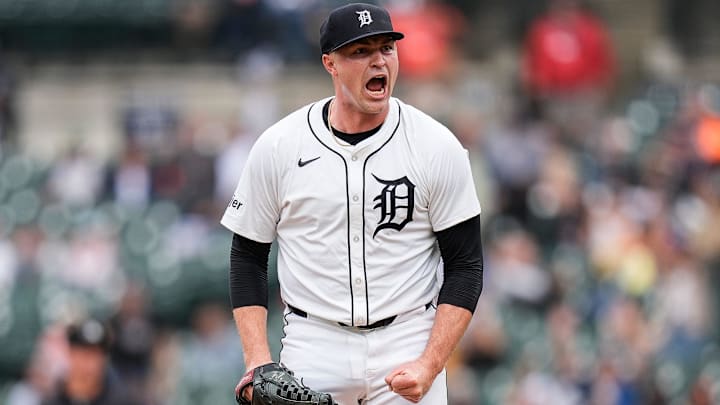 Detroit Tigers pitcher Tarik Skubal (29) celebrates after striking out Tampa Bay Rays left fielder Christopher Morel (24) during the seventh inning at Comerica Park in Detroit on Tuesday, Sept. 24, 2024.