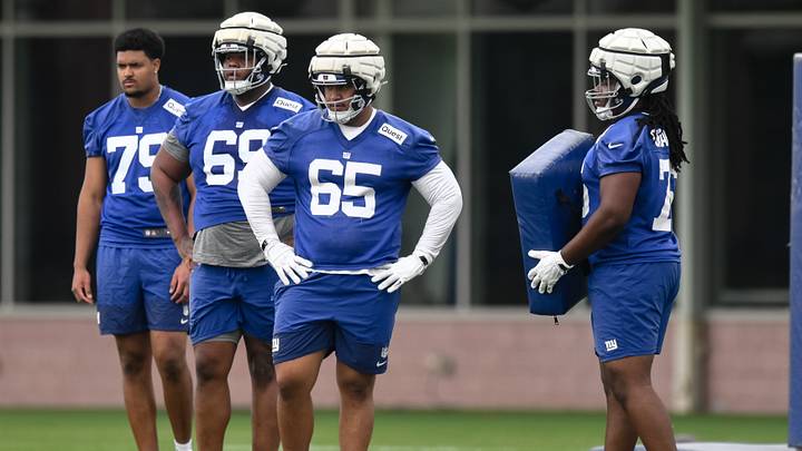 May 9, 2026; East Rutherford, NJ, USA; New York Giants offensive lineman Francis Mauigoa (65) looks on during a drill at rookie minicamp at Quest Diagnostics Training Center. Mandatory Credit: John Jones-Imagn Images