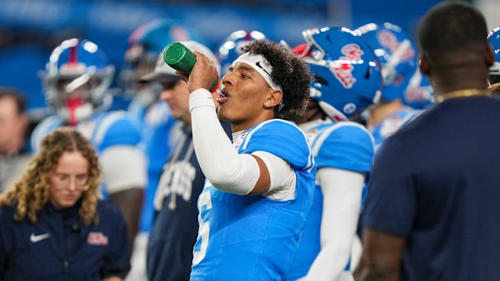 Ole Miss quarterback Trinidad Chambliss (6) is seen during warmups before the CFP Fiesta Bowl at the State Farm Stadium, in Glendale, Ariz., on Thursday, Jan. 8, 2026.
